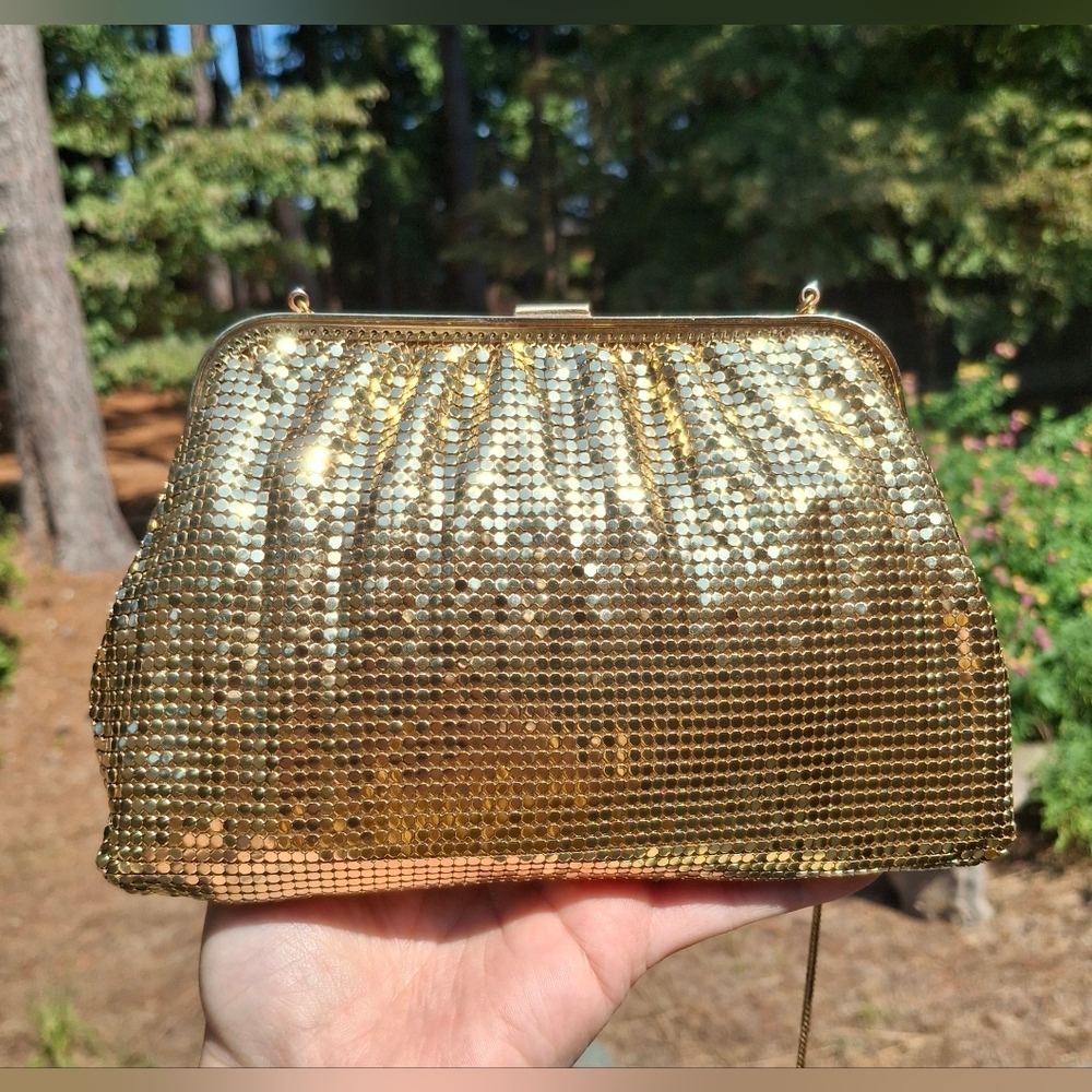 Vintage Whiting & Davis Gold Chain Mesh Art Deco Rhinestone Clasp Evening Bag - Picture 4 of 14